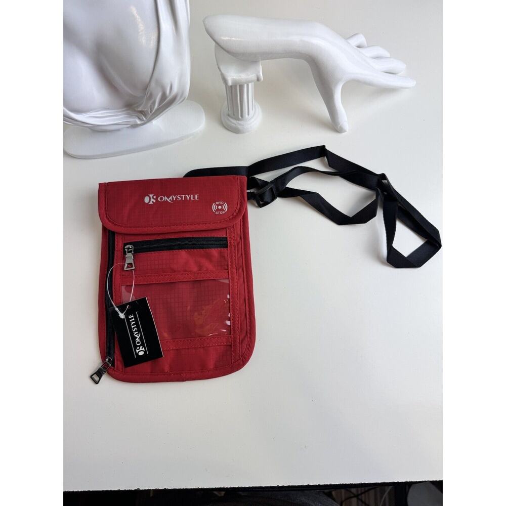 RFID OMYSTYLE Travel Passport Pouch Holder w/Adjustable Neck Strap, Red, Sz: OS
